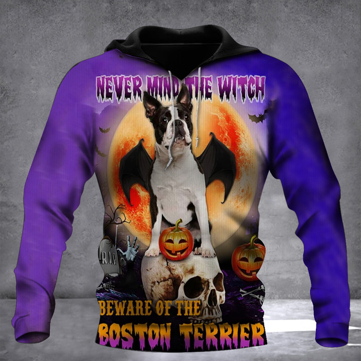 Never Mind The Witch Beware Of The Boston Terrier Hoodie Cute Dog Halloween Clothing Mens