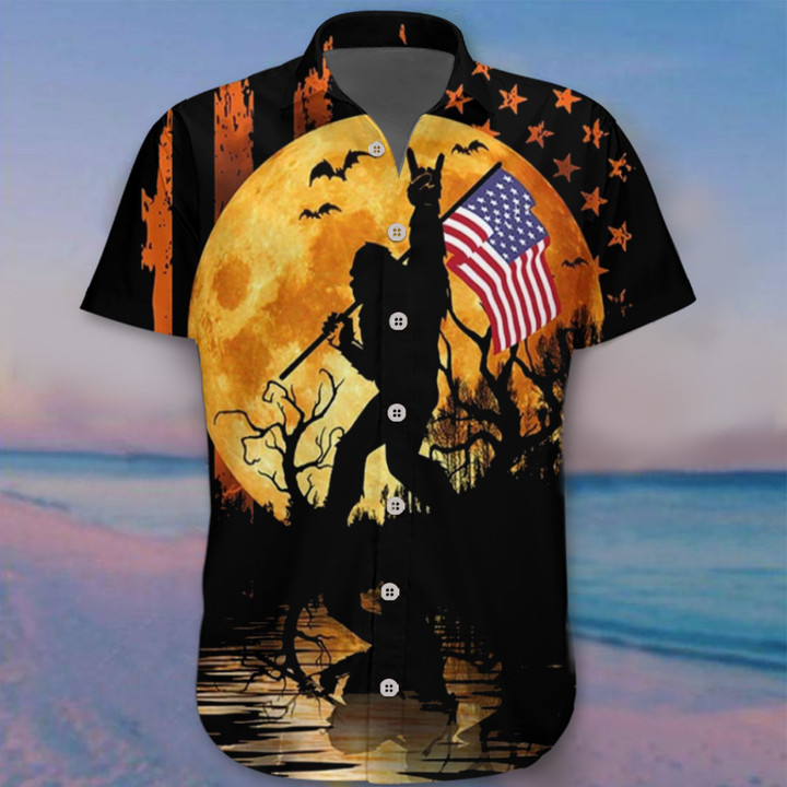 Bigfoot With American Flag Happy Halloween Hawaii Shirt Patriotic Funny Halloween Shirts Gift