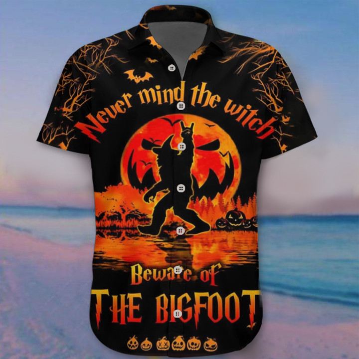 Never Mind The Witch Beware Of The Bigfoot Hawaii Shirt Funny Animal Halloween Button Up Shirt