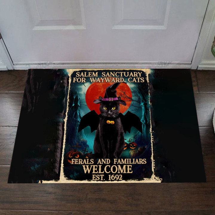 Black Cat Salem Sanctuary For Wayward Cats Doormat Halloween Floor Mat For Front Door