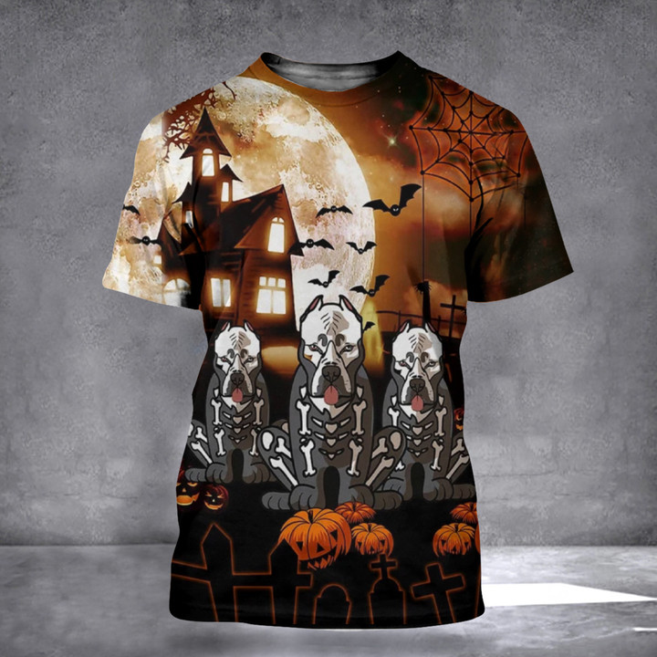 Pitbull Dog Skeleton Haunted House Halloween Shirt Halloween Mens Clothing Gifts For Him