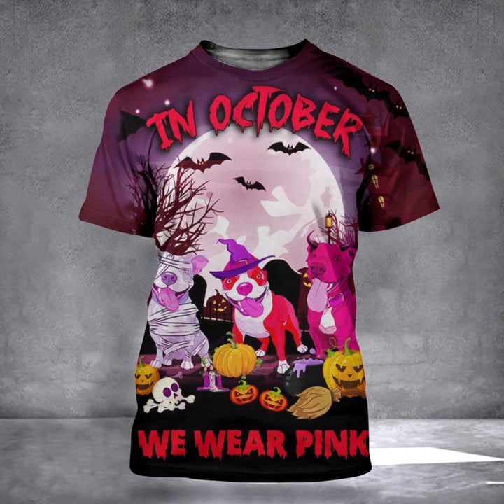 Pitbull In October We Wear Pink Shirt Pumpkin Halloween Themed Clothing T-Shirts For Adults
