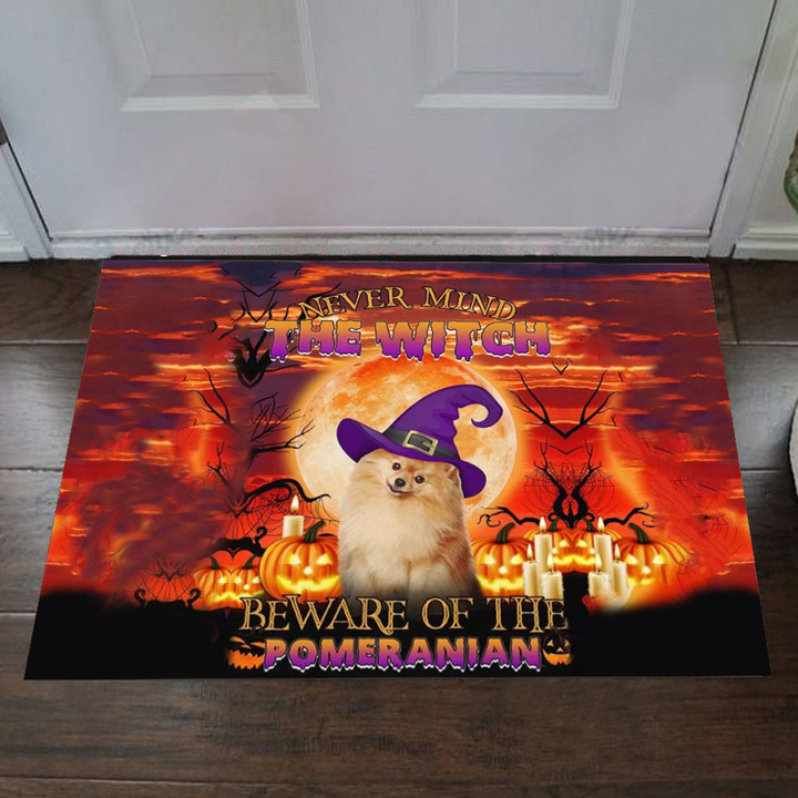 Never Mind The Witch Beware Of The Pomeranian Doormat Dog Owner Halloween Welcome Mat