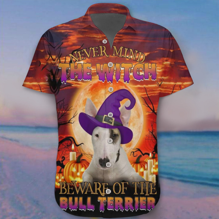 Never Mind The Witch Beware Of The Bull Terrier Hawaii Shirt 2022 Halloween Dog Themed Shirts