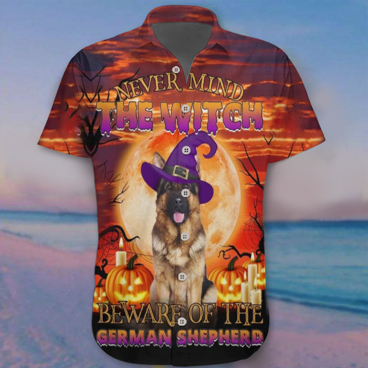 Never Mind The Witch Beware Of The German Shepherd Hawaii Shirt Happy Halloween Dog Clothing