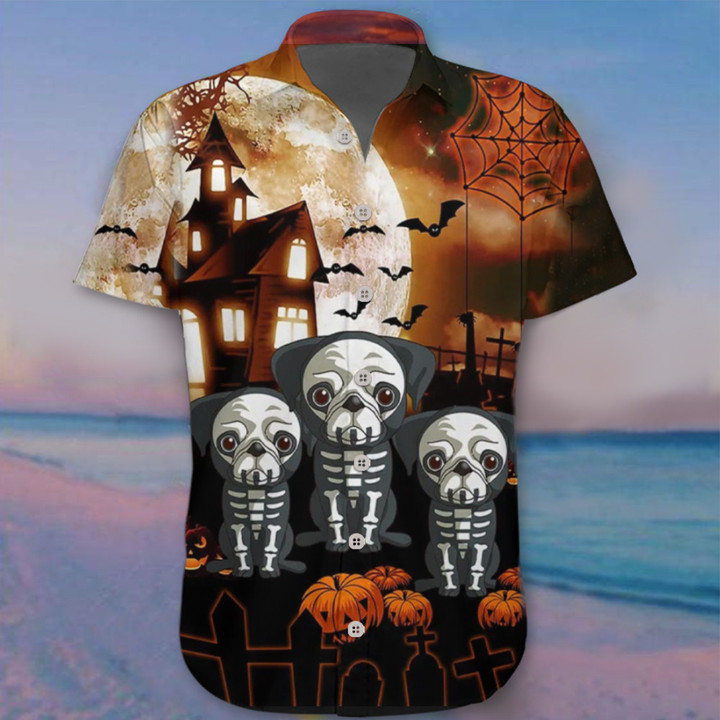 Pug Skeleton Halloween Hawaii Shirt Pug Owner Mens Halloween Clothing Gift For Brother