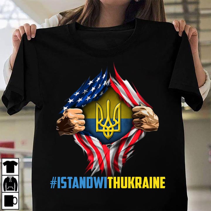 I Stand With Ukraine Shirt American Flag Inside Ukraine Trident Flag Anti Putin Merch