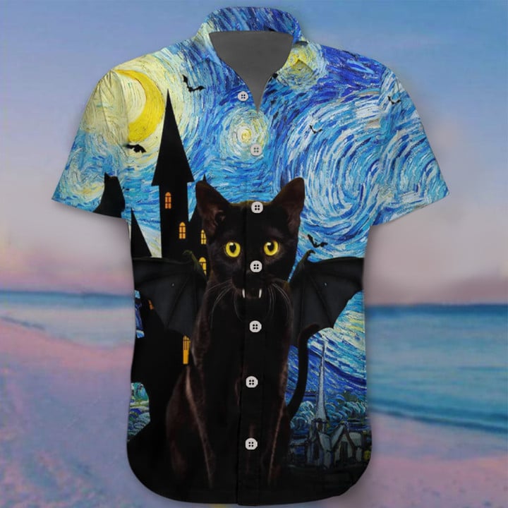 Black Cat Bat Starry Night Flag Hawaii Shirt 2022 Halloween Cat Shirts Gifts For Mens