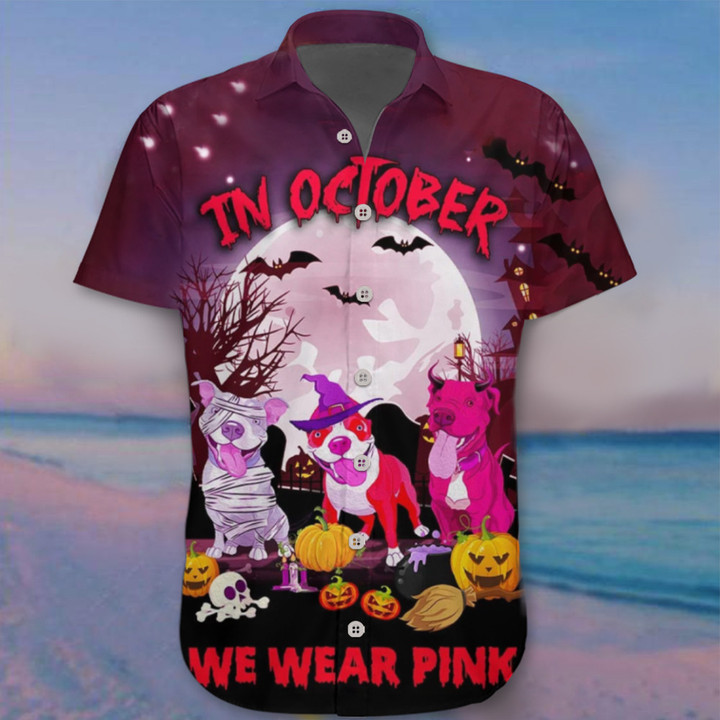 Pitbull In October We Wear Pink Hawaii Shirt Happy Halloween Breast Cancer Awareness Shirts