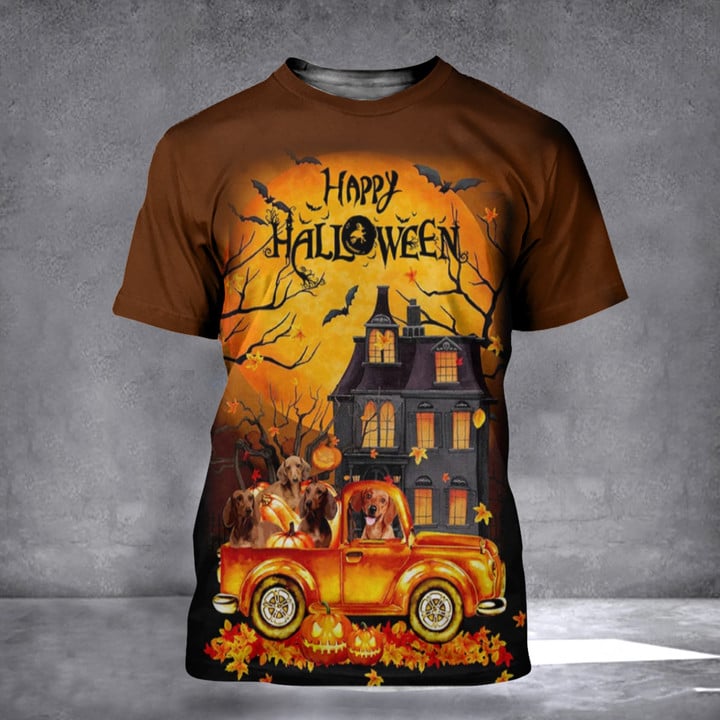Dachshund On Autumn Truck Happy Halloween Shirt Happy Fall Halloween Apparel