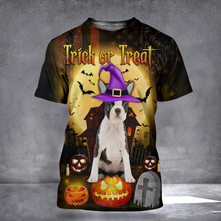 Boston Terrier Trick Or Treat Halloween Shirt Pumpkin Dog Halloween Theme Shirts