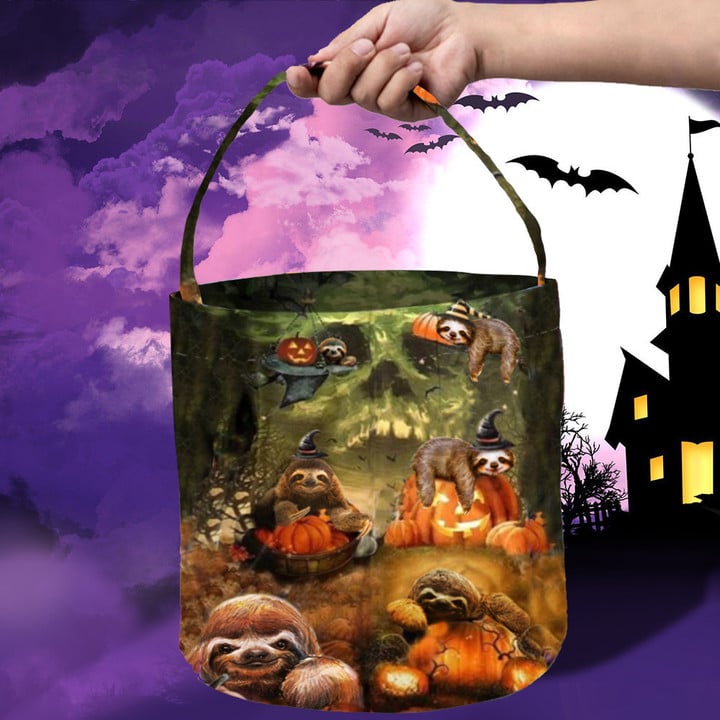 Sloths And Jack O Lantern Halloween Fabric Basket Sloth Lover Cute Merch Halloween Gift Ideas