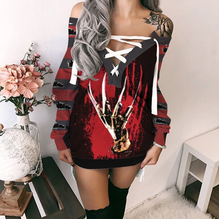 Horror Lover Halloween Off Shoulder Deep V-Neck Womens Clothing