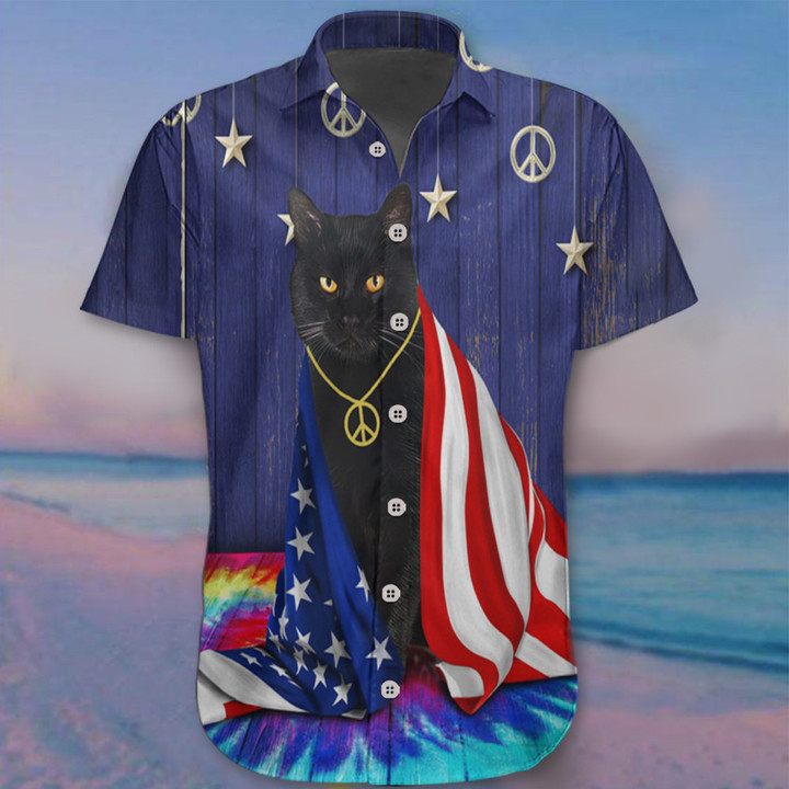 Black Cat Wear Peace Sign Neck Strap With American Flag Hawaii Shirt Patrioric Halloween Shirts