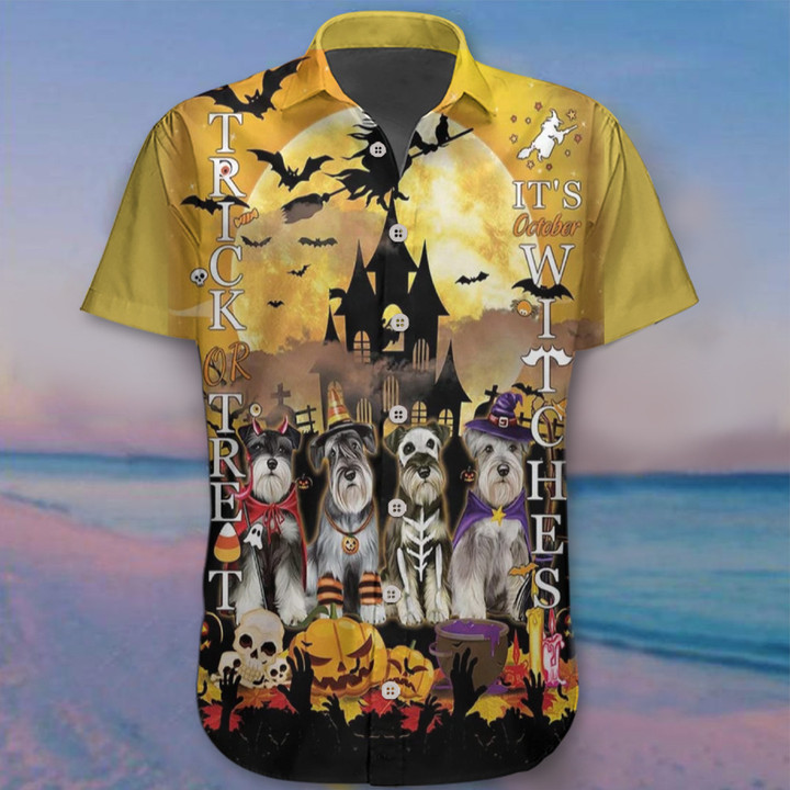 Miniature Schnauzer Trick Or Treat It's October Witches Hawaii Shirt Happy Halloween Dog Shirts
