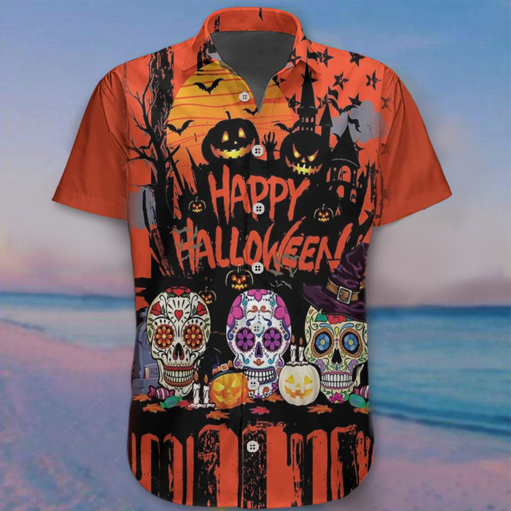 Sugar Skulls Happy Halloween Hawaii Shirt Cute Couple Halloween Shirts Clothing