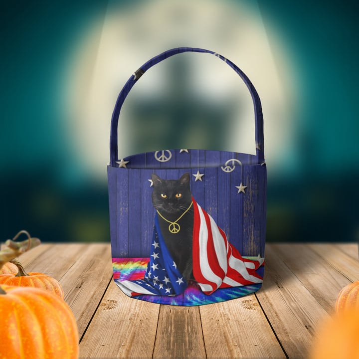 Black Cat With American Flag Halloween Basket Black Cat Merchandise Halloween Candy Basket