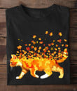 Cat Flying Autumn Leaves Shirt Fall Themed Women's Shirts Bests Gifts For Cat Lovers