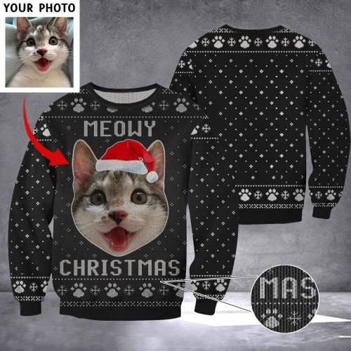 Personalized Photo Cat Meowy Christmas Ugly Sweater Custom Cat Sweater Gifts For Animal Lovers