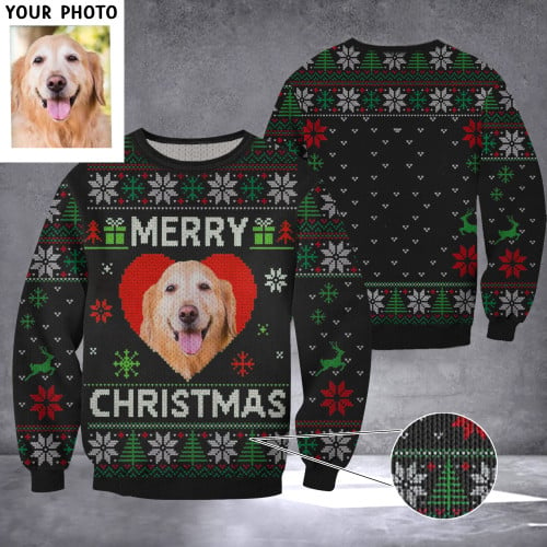 Personalized Photo Golden Retriever Merry Christmas Sweater Custom Pet Ugly Christmas Sweater