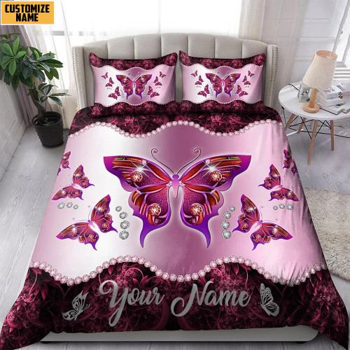 Customized Name Butterfly Purple Bedding Set Personalized Duvet Cover Set Gift For Women