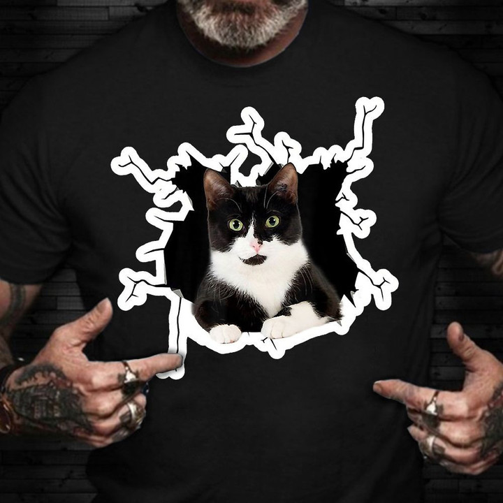 Tuxedo Cat Crack Hole T-Shirt Funny Cat Themed Shirt Gift For Him Pet Lover