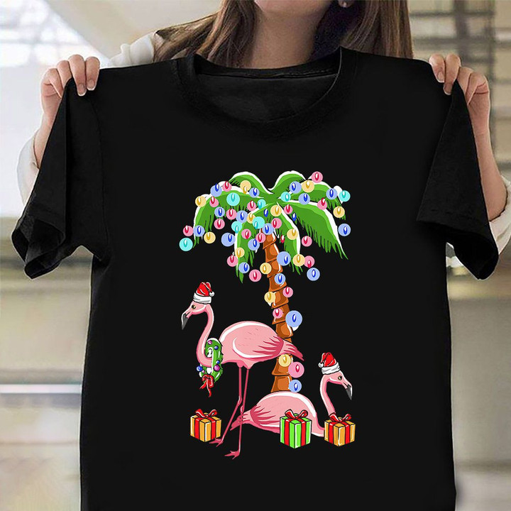 Christmas Flamingo Shirt Flamingo With Santa Hat Palm Tree Lights T-Shirt Xmas Gift 2021
