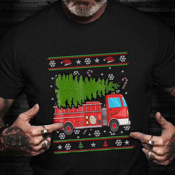 Firefighter Truck Carry Christmas Tree Shirt Ugly Christmas T-Shirt Gift For Firefighter