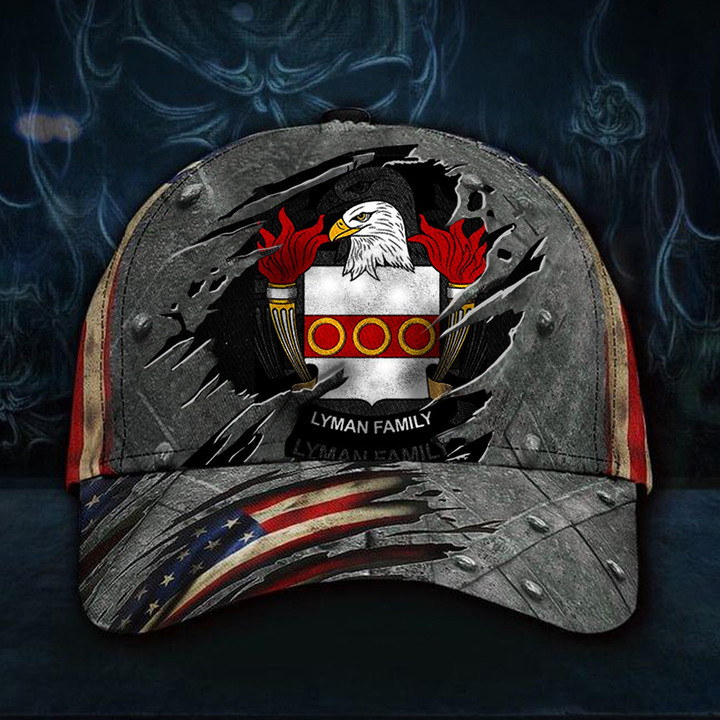 Lyman Family Crest Hat Lyman Coat of Arms American Flag Hats Gift For Ancestry Lovers
