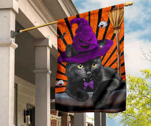 Black Cat Wtich Flag Cat Lover Front Yard Halloween Decorations Outdoor