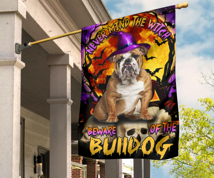 Never Mind The Witch Beware Of The Bulldog Flag Bulldog Owner Halloween Lawn Decorations