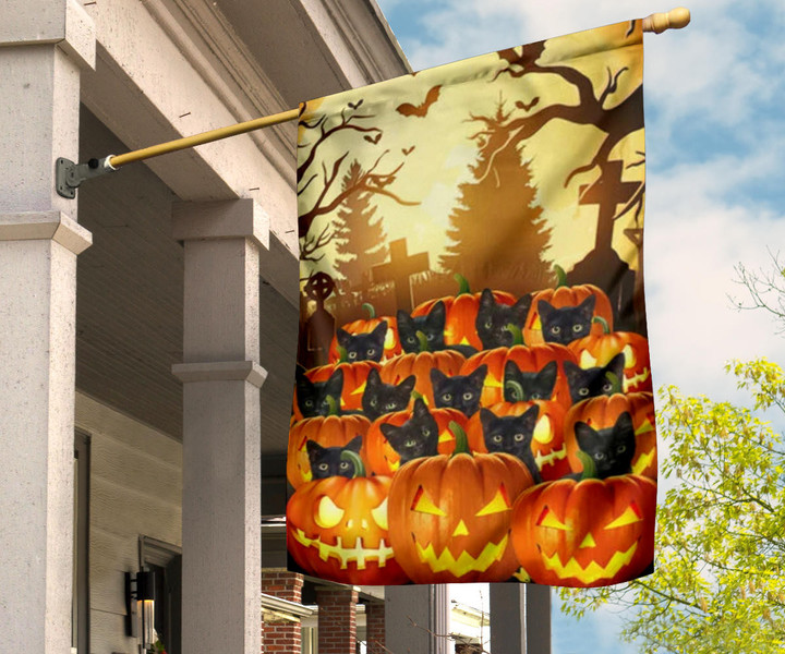 Black Cats With Pumpkins Halloween Flag Front Yard Halloween Decor Gift For Cat Lovers