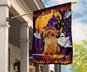 Never Mind The Witch Beware Of The Poodle Flag Dog Witch Front Yard Halloween Decorations