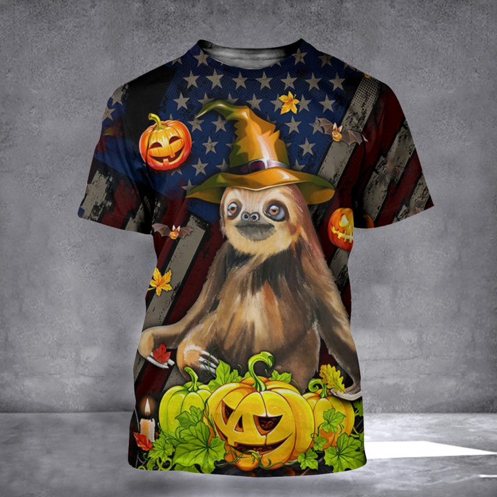Sloth Pumpkin American Flag Halloween T-Shirt Sloth Clothes Halloween Theme Shirts