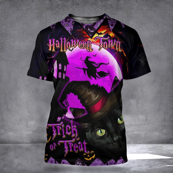 Black Cat Halloween Shirt 3D Trick Or Treat Halloween Town Witch T-Shirt Gifts