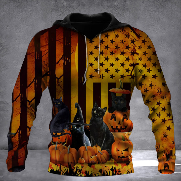 Black Cat Halloween American Flag Hoodie Holiday Halloween Black Cat Clothing Gift For Him