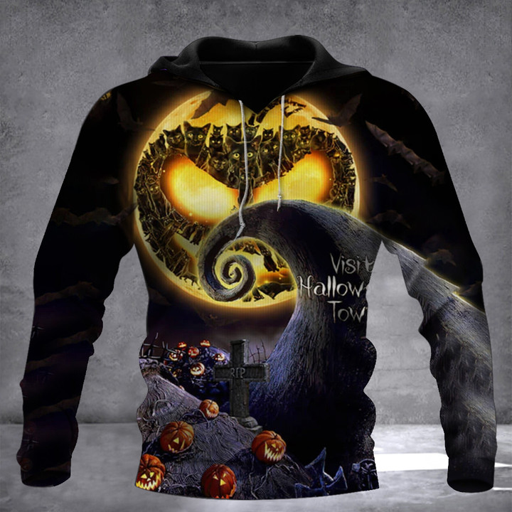 Black Cat Visit Halloween Town Hoodie Creepy Cat Halloween Clothing Gift For Holiday