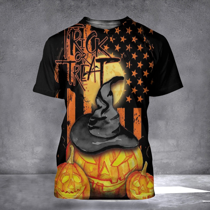 Pumpkin Witch Hat Trick Or Treat Halloween 3D Shirt Mens Halloween Clothes T-Shirt