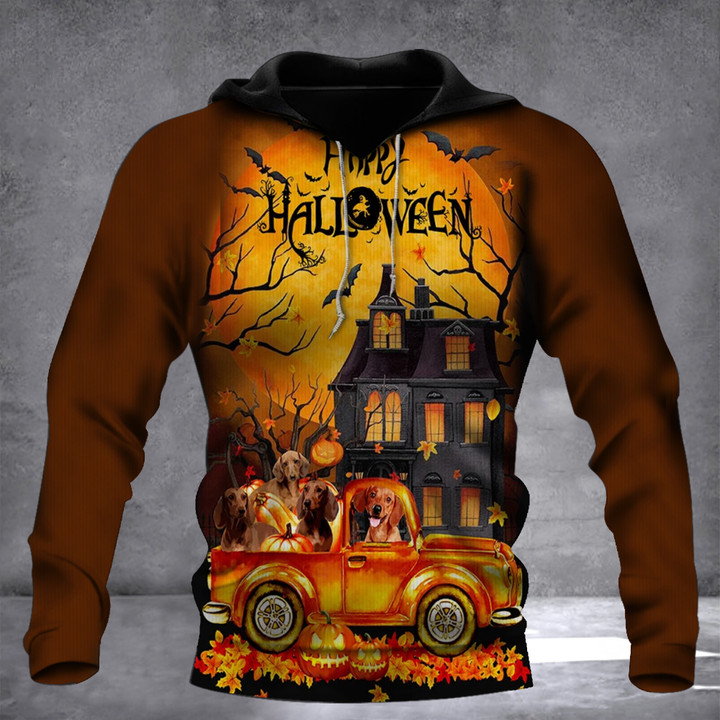 Dachshund On Autumn Truck Happy Halloween Hoodie Happy Fall Dog Halloween Theme Clothing