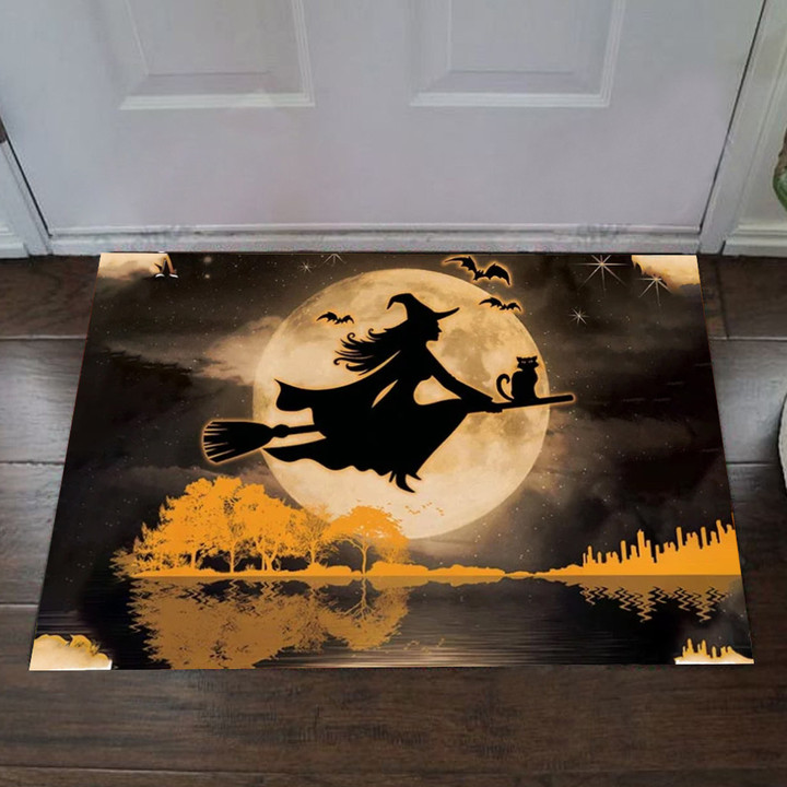 Witch With Black Cat Doormat Funny Halloween Front Door Mats Decor Gift