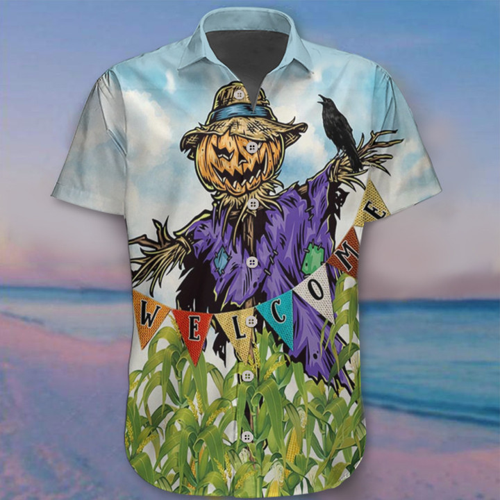 Halloween Scarecrow With Pumpkin Head And Crow Hawaii Shirt Halloween Couple Shirt Ideas