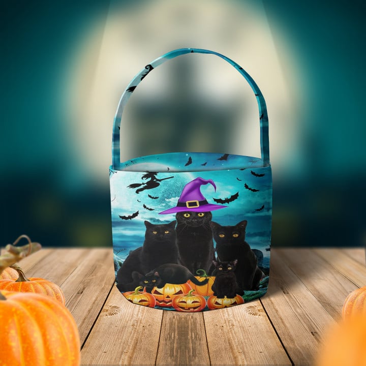 Black Cat With Witch Hat Pumpkin Fabric Halloween Basket Cat Theme Halloween Candy Bags