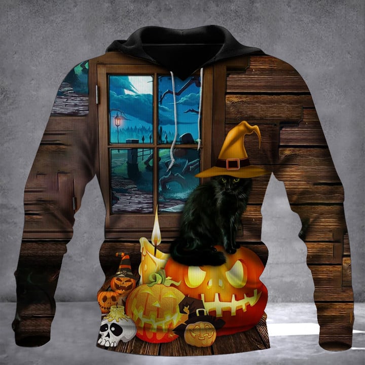 Black Cat With Witch Hat Pumpkin 3D Halloween Hoodie Halloween Themed Apparel