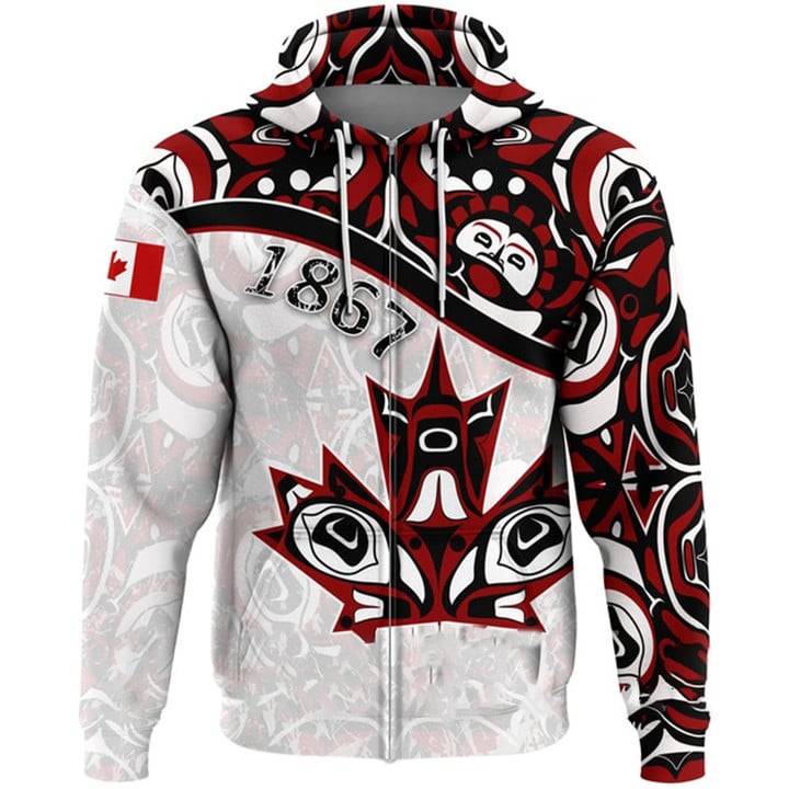 Canada 1867 Maple Leaf Pacific Northwest 3D Printed Zipper Hoodie Haida Art Style Merch