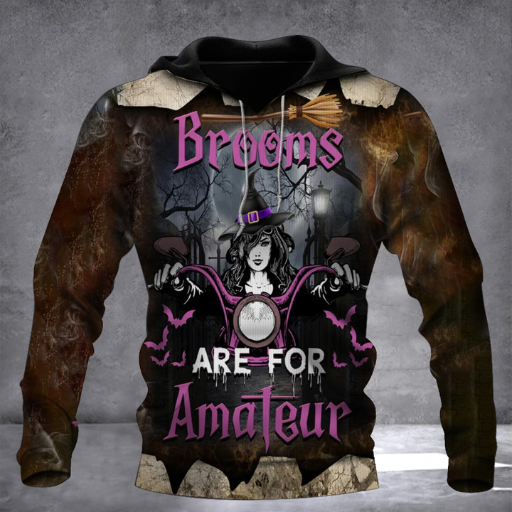 Brooms Are For Amateur Halloween Hoodie Witch Riding Motorcycle Halloween Themed Hoodie Gift