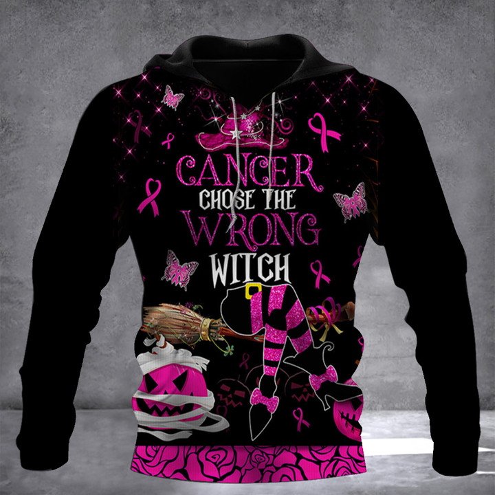 Cancer Chose The Wrong Witch Happy Halloween Hoodie Breast Cancer Awareness Scary Hoodie Gift