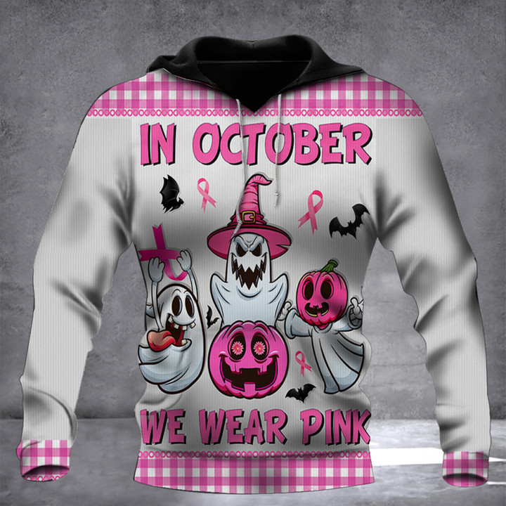 In October We Wear Pink Halloween Hoodie Funny Ghost Breast Cancer Awareness Clothing Gift