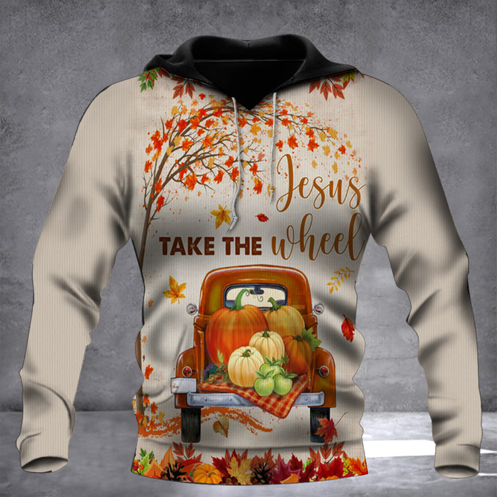Jesus Take The Wheel Hoodie Pumpkin In Car Autumn Hoodie Best Christian Dad Gifts