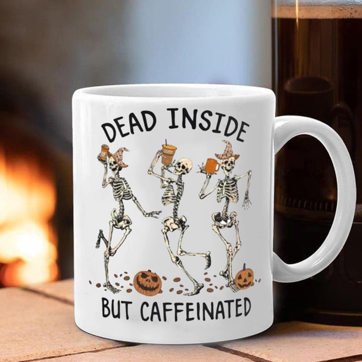 Dead Inside But Caffeinated Skeleton Pumpkin Halloween Mug Funny Gifts For Coffee Lovers