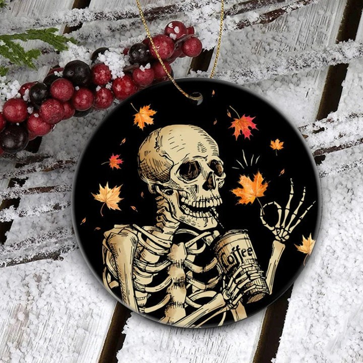 Skeleton Drink Coffee Maple Leaf Fall Autumn Ornament Funny Coffee Lover Fall Tree Ornaments